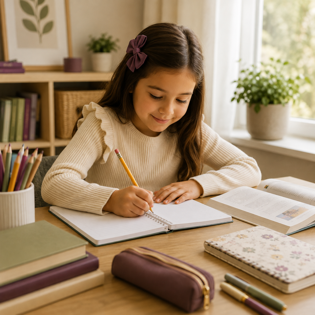 Elementary aged girl writing in a notebook with a pencil