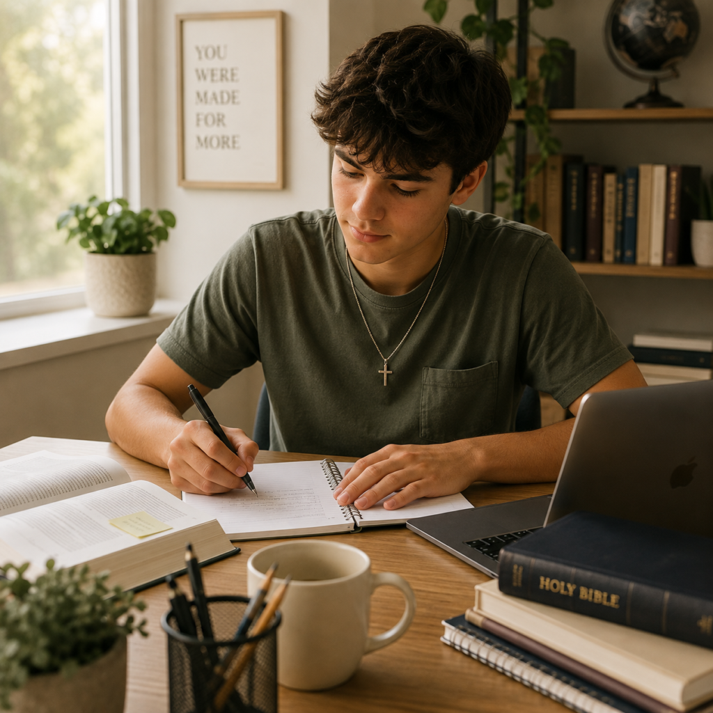 Young man studying by a window